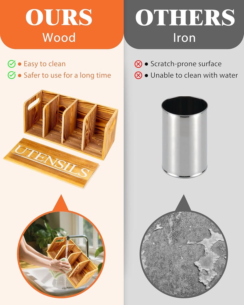 brekle Kitchen Utensil Holder for Kitchen Counter Large Wooden Organizer for Cooking Utensils Utensil Holder Counter Farmhouse Décor (Farmhouse Wooden) - Image 3